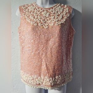 Vintage 60s Stephen Chu 100% Lamb's Wool Pink Beaded/Sequin Sleeveless Top - L